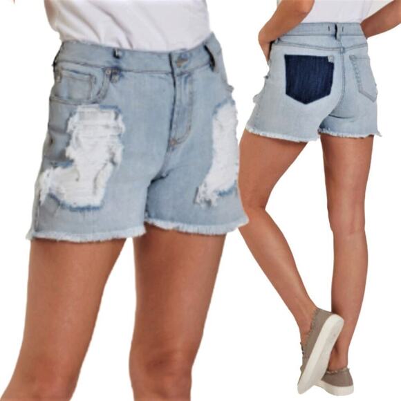NWT DEAR JOHN Ava High Rise Raw Hem Missing Pocket Destructed Denim Shorts - Picture 1 of 9
